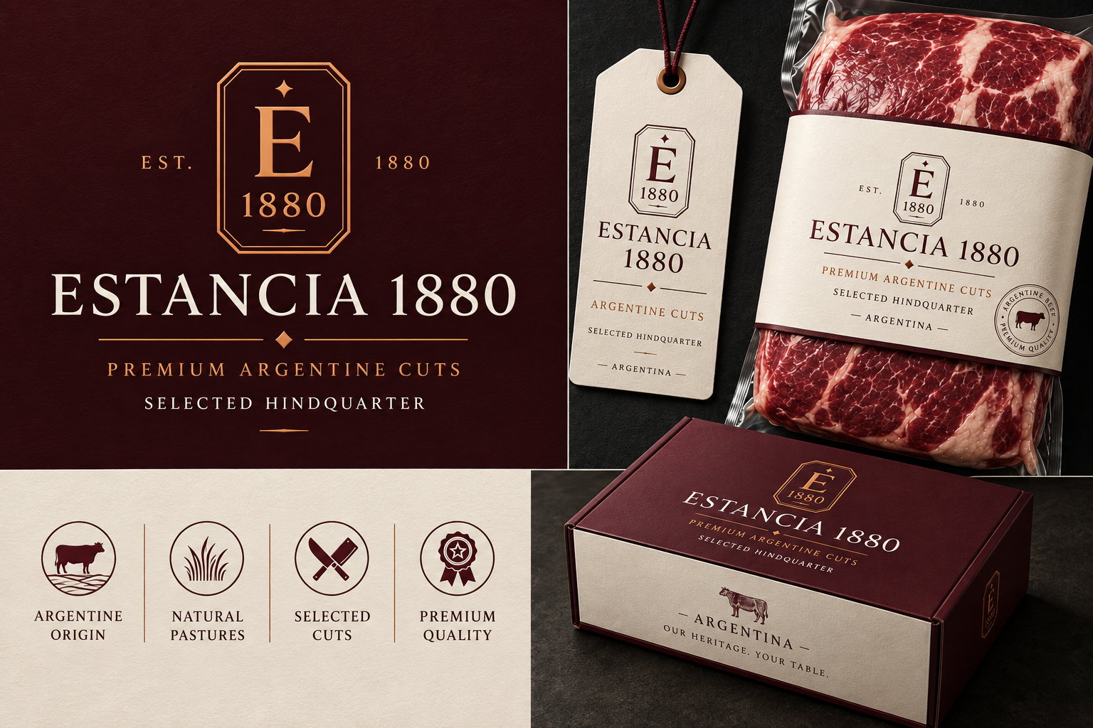 Estancia 1880 brand presentation in burgundy and cream with beef packaging